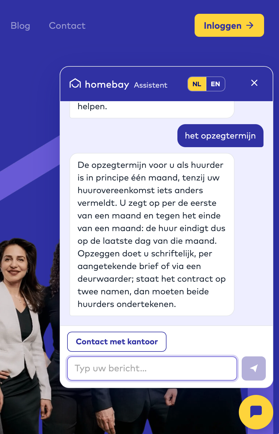 An example conversation with the Homebay website assistant