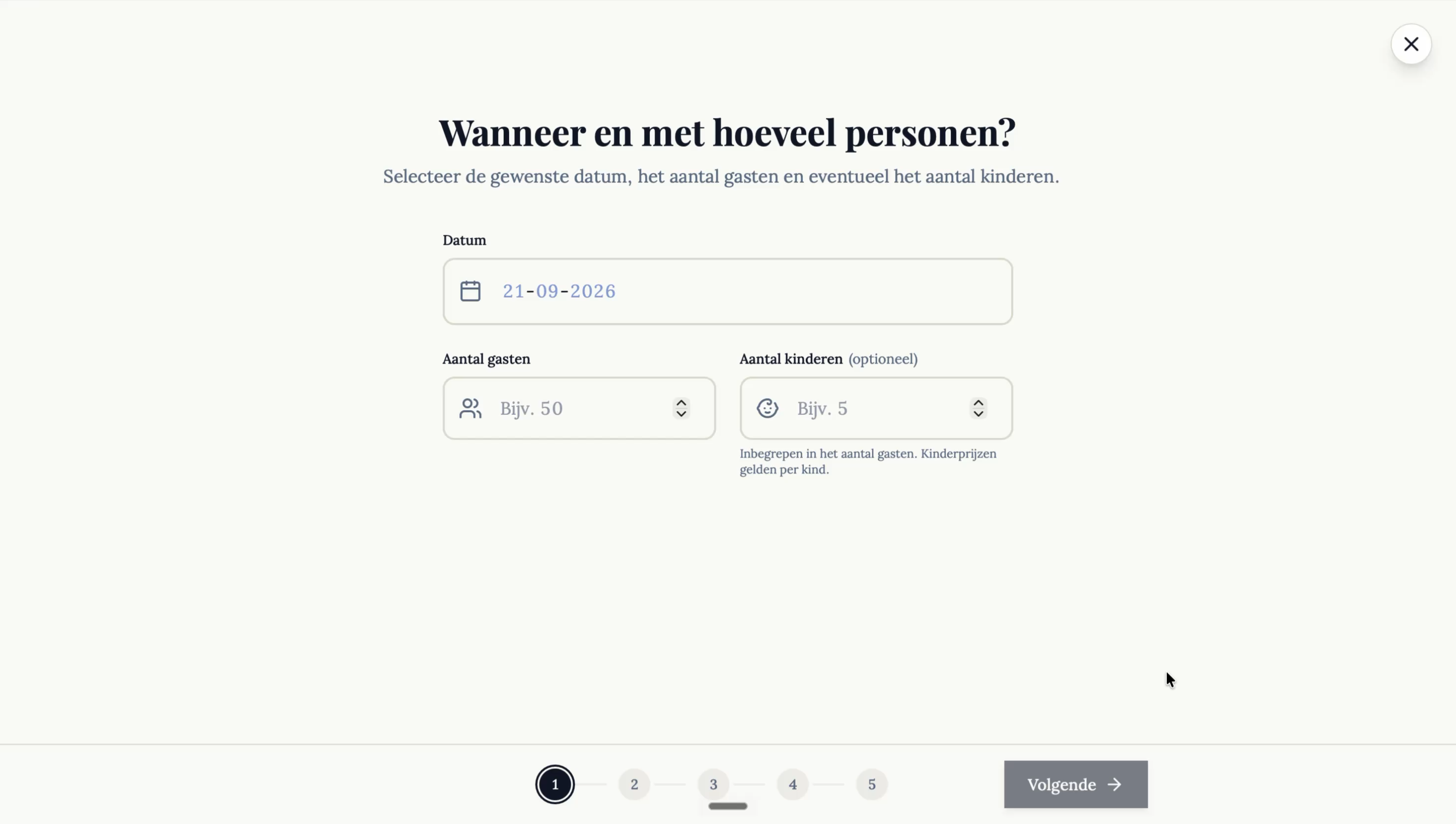 The first step of the event planner: choose a date and number of guests