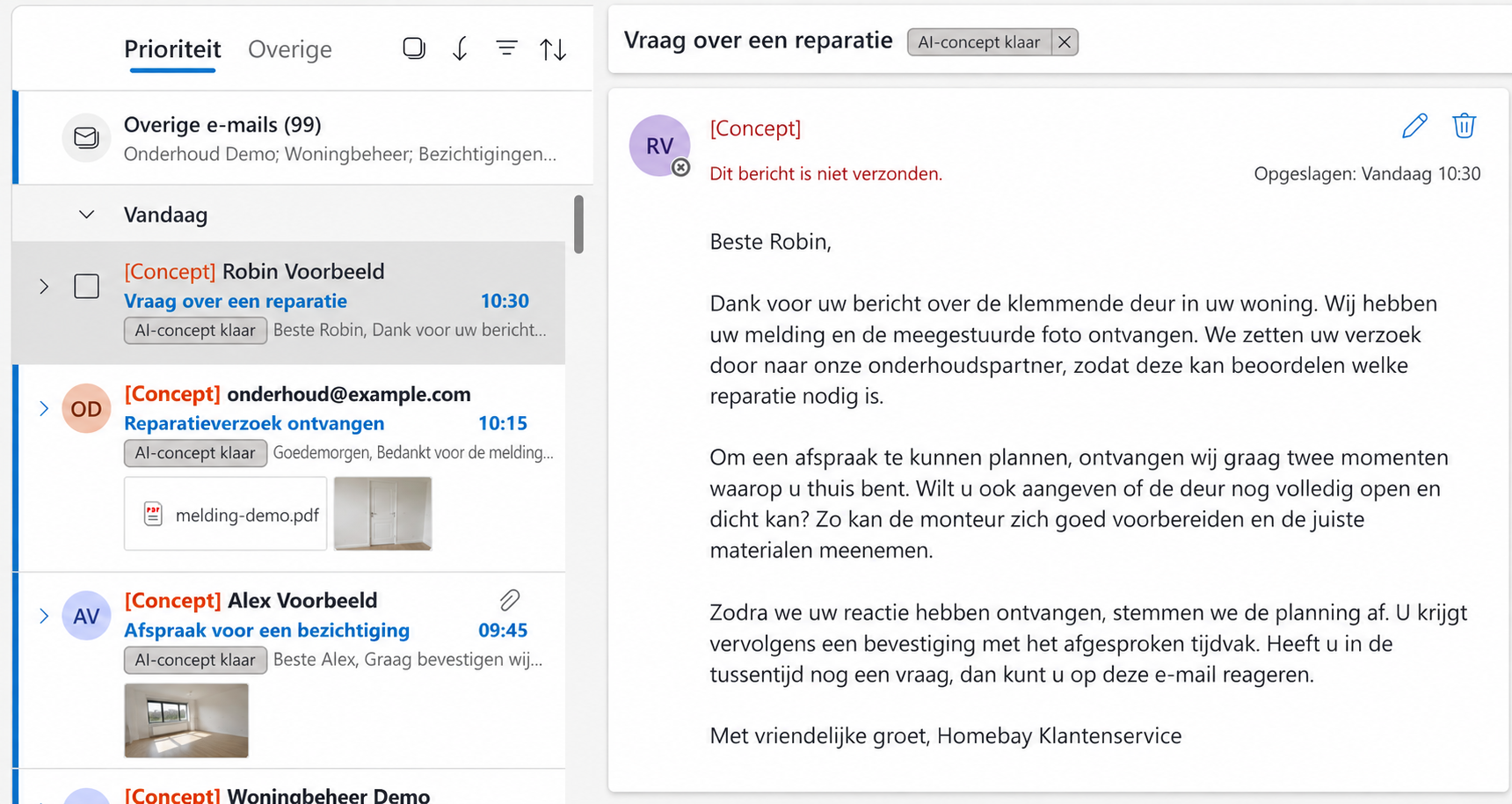 Outlook with AI-generated draft replies to fictional customer enquiries