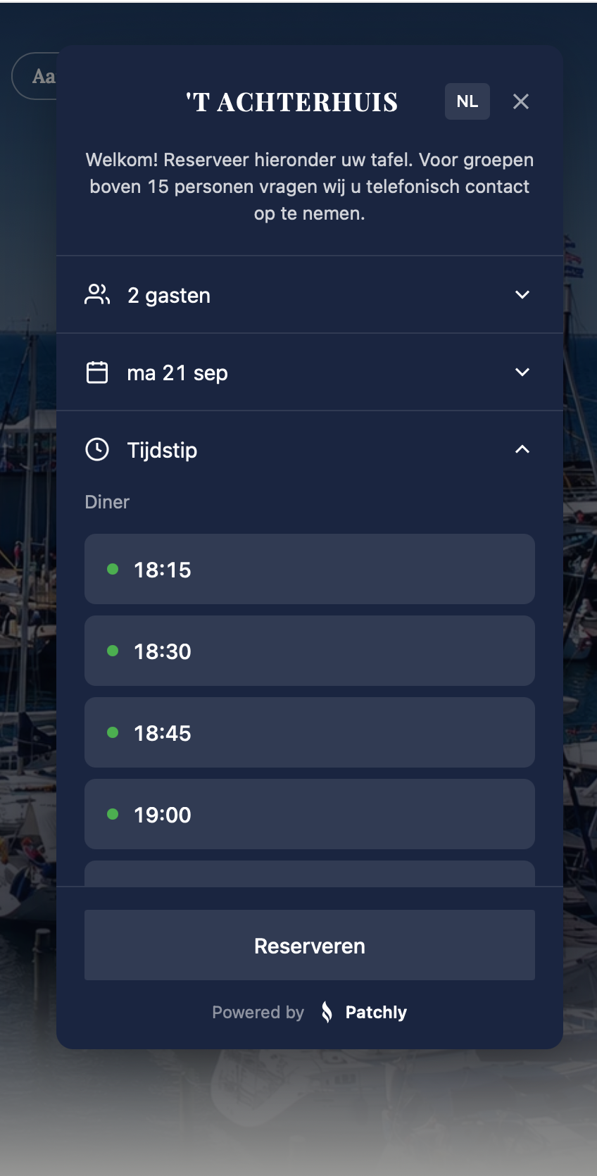 The ’t Achterhuis booking widget with party size, date and available times