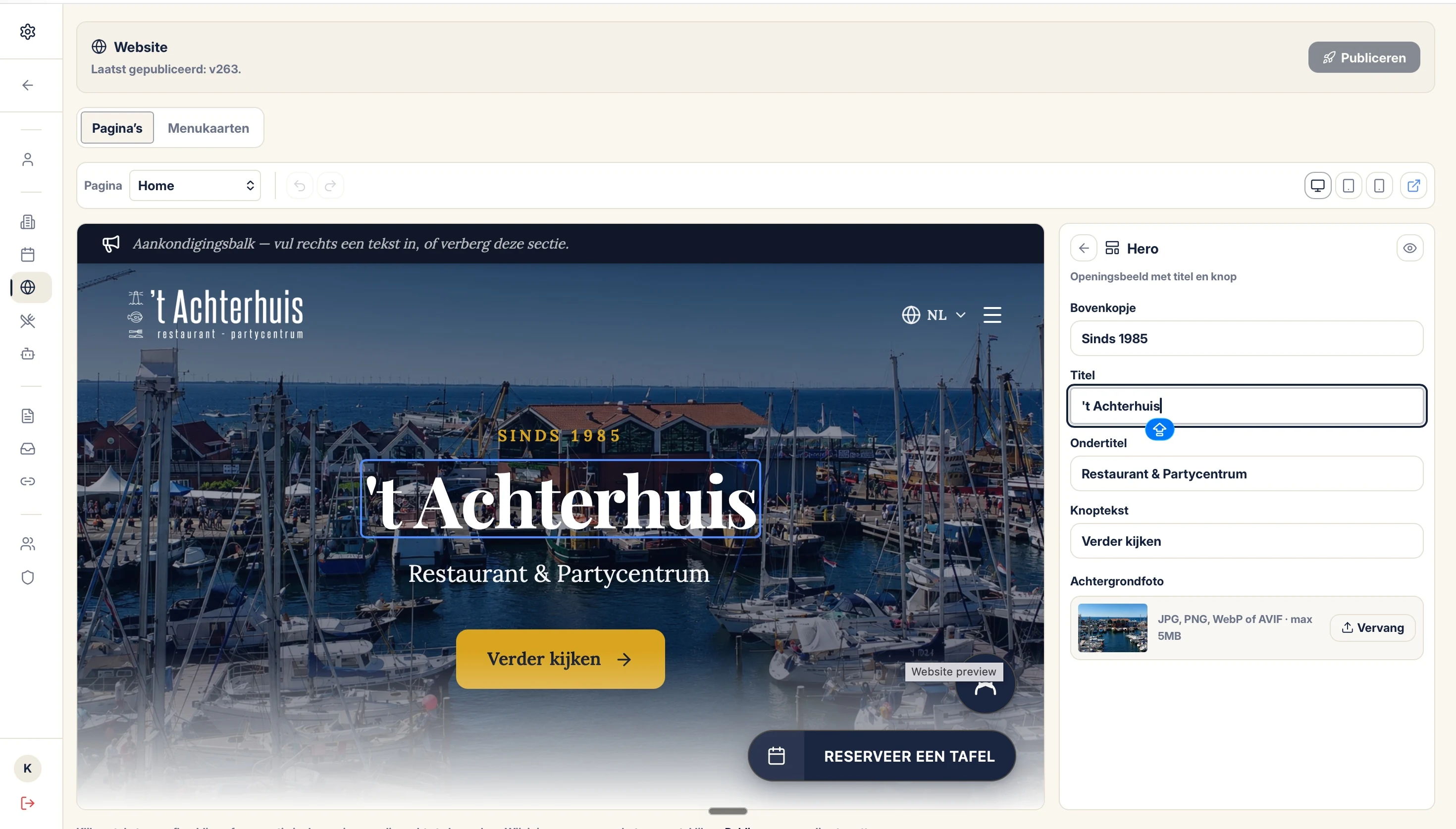 The ’t Achterhuis website editor with a live preview and fields for the title, text and photo